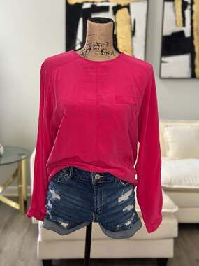 Vintage Angela Tong 100% Silk Fuchsia Magenta Long Sleeve Blouse Size 7/8